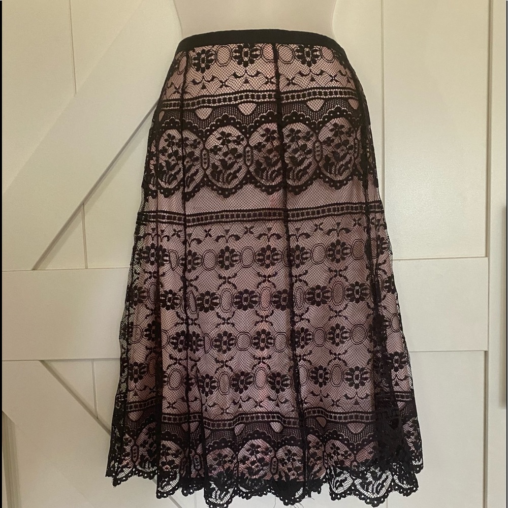 NWOT Beautiful satin feeling and black lace skirt.